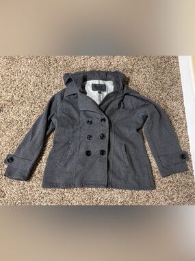 Double-Breasted Hooded Fleece Peacoat - Charcoal Gray